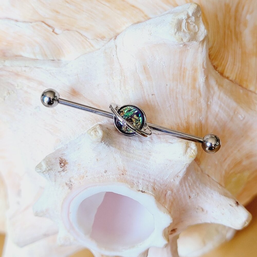 14G industrial barbell with imitation blue opal planet charm NWT stainless steel